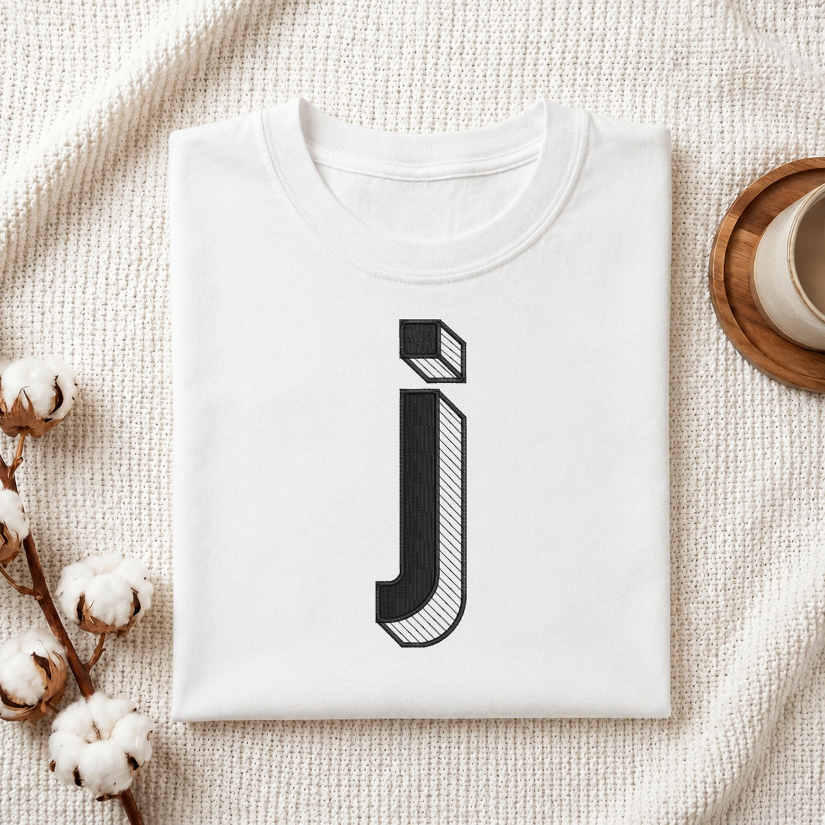 A folded white t-shirt with a black stylized lowercase letter 'j' printed on the front, displayed in a flat-lay arrangement on a textured cream fabric with cotton bolls and a wooden cup.