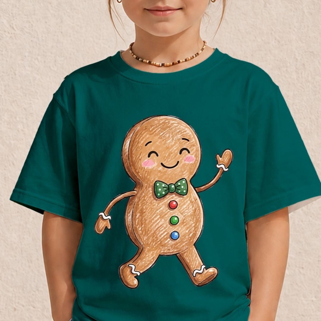 A child wearing a dark teal green short-sleeve t-shirt with a large, cute cartoon gingerbread man graphic on the front. The gingerbread man has a green polka-dot bow tie, pink cheeks, and colorful buttons.