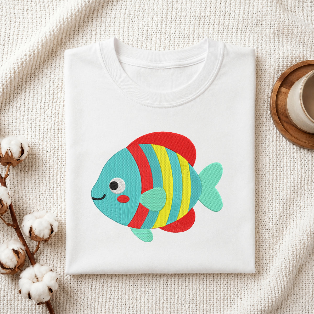 A folded white crewneck t-shirt featuring a colorful embroidered fish design, styled on a textured cream fabric with cotton bolls and a wooden cup in the background.