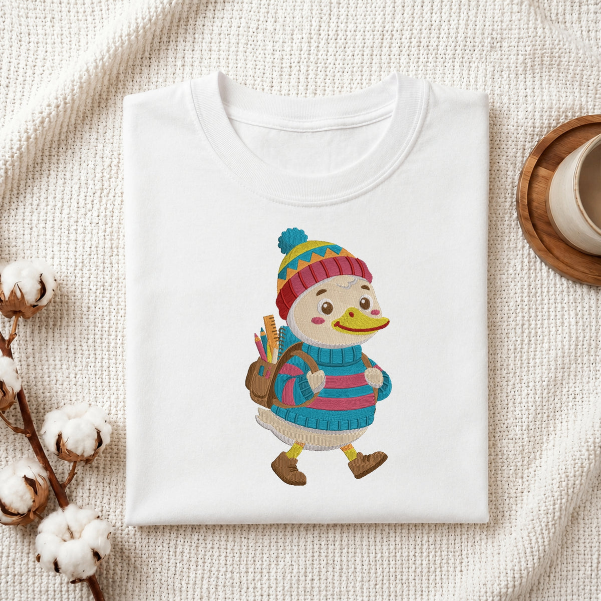 A folded white crewneck t-shirt featuring a colorful cartoon duck character wearing a striped knit sweater, beanie, and backpack, styled on a textured cream fabric with cotton bolls and a wooden cup.