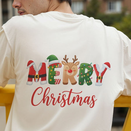 Back view of a person wearing a white t-shirt featuring a large "MERRY Christmas" holiday character sublimation design.