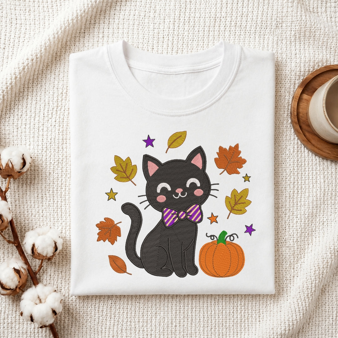 A folded white crewneck t-shirt with a cute black cat graphic wearing a purple striped bow tie, surrounded by autumn leaves, stars, and a pumpkin, styled on a textured cream fabric with cotton stems and a wooden cup.
