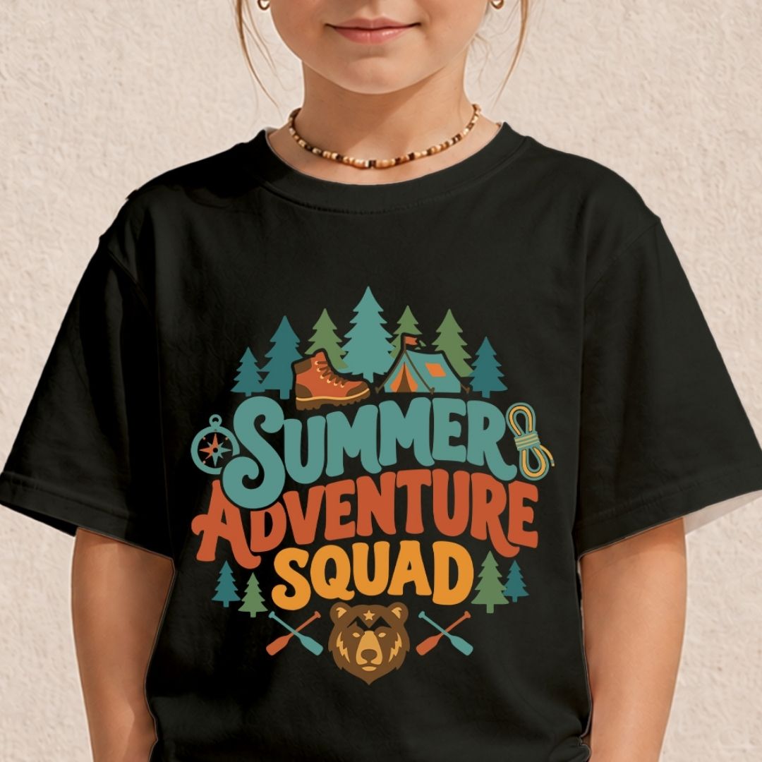 Cute Kids Summer Adventure Squad Shirt, Charcoal Grey T-Shirt Mockup, Youth Camping Bear Tee, Retro Nature Vacation Outfit Family Matching