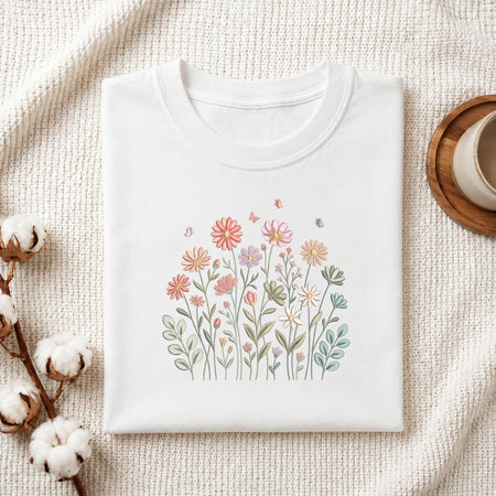 A folded white crewneck t-shirt with a colorful watercolor-style wildflower print on the front, styled on a textured cream knit blanket with cotton bolls and a wooden cup in the background.