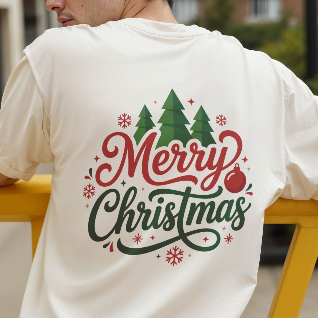 Back view of a person wearing an off-white t-shirt featuring a colorful "Merry Christmas" lettering and winter tree design.
