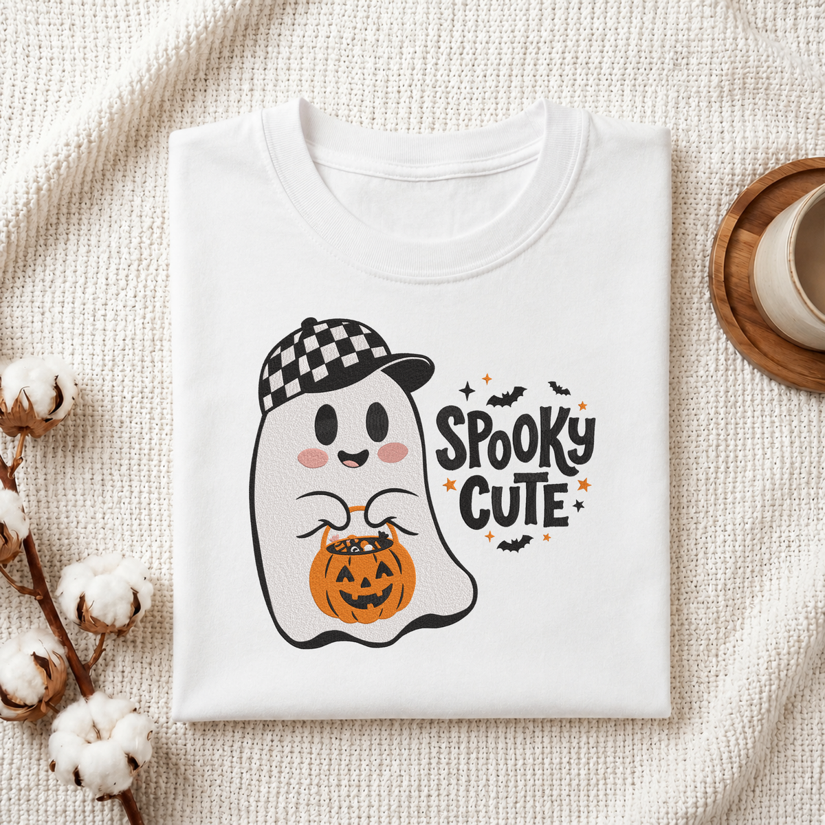 Folded white cotton t-shirt mockup featuring a "Spooky Cute" ghost wearing a checkered baseball cap machine embroidery design, styled with cotton stems and a wooden cup   