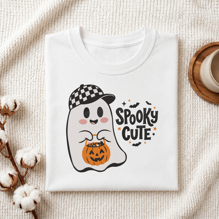 Folded white cotton t-shirt mockup featuring a "Spooky Cute" ghost wearing a checkered baseball cap machine embroidery design, styled with cotton stems and a wooden cup   
