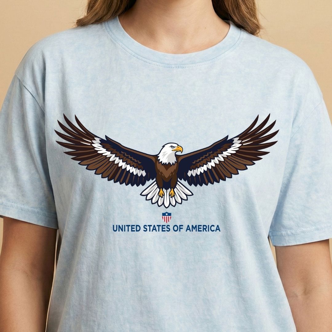 Light blue t-shirt with an eagle graphic and 'United States of America' text on a beige background