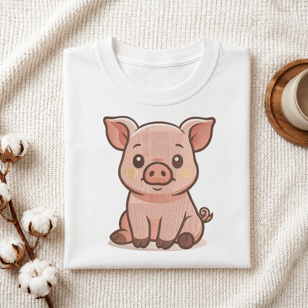 A folded white crewneck t-shirt featuring a cute cartoon illustration of a pink pig, styled on a textured cream fabric with cotton bolls and a wooden cup in the background.