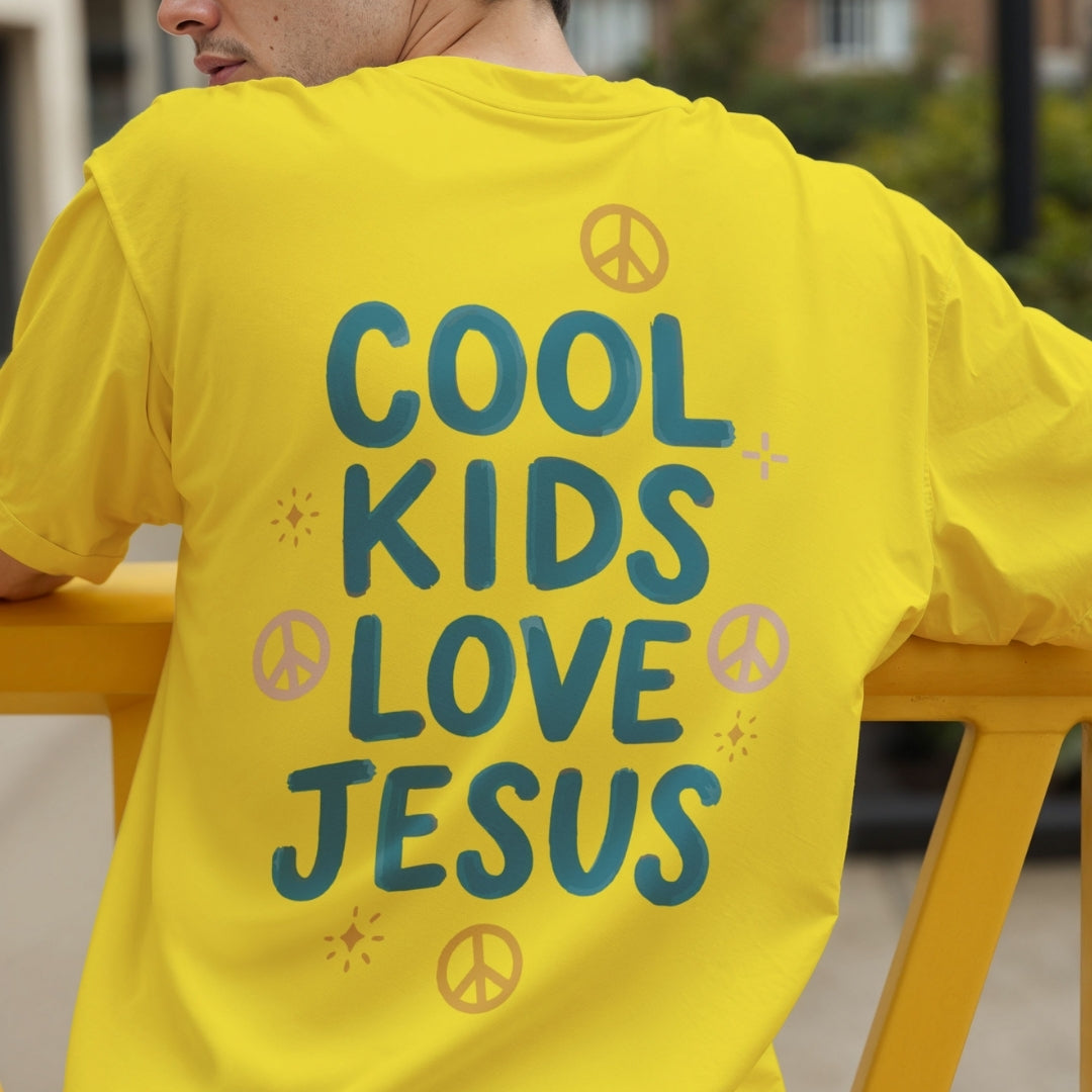 Groovy Cool Kids Love Jesus PNG | Men's Yellow Shirt Back Sublimation Graphic