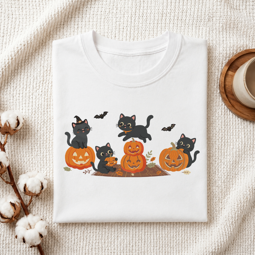 Folded white cotton t-shirt mockup featuring a cute black cats playing with jack-o-lantern pumpkins machine embroidery design, styled with cotton stems and a wooden cup   