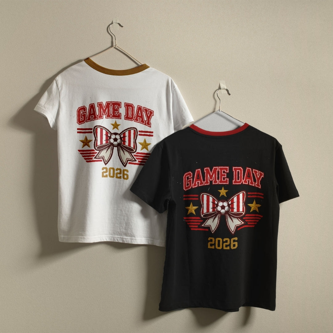 Retro Sports Ringer Tees Mockup, White and Black Game Day 2026 Shirts, Cute Soccer Bow Graphic Tees, Matching Best Friend Tops