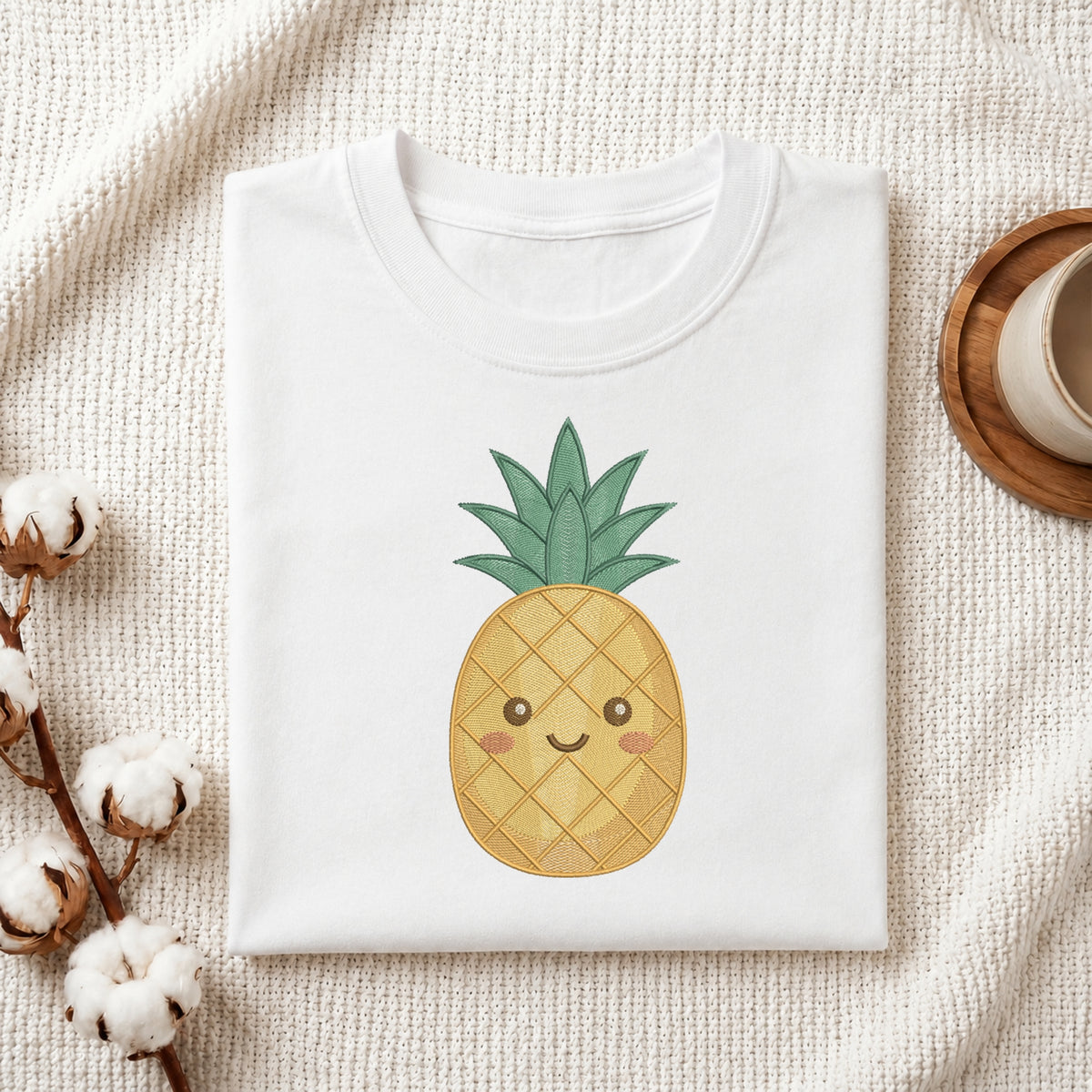 A folded white T-shirt with a cute cartoon pineapple graphic on the front, styled on a textured cream fabric with cotton stems and a small wooden cup in the background.