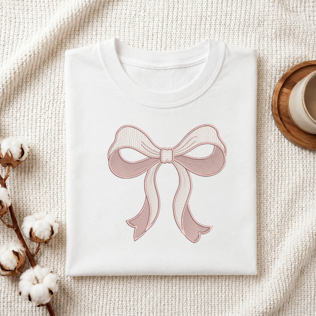 A folded white T-shirt with a pink bow graphic printed on the front, styled on a textured cream fabric with cotton stems and a wooden cup in the background.