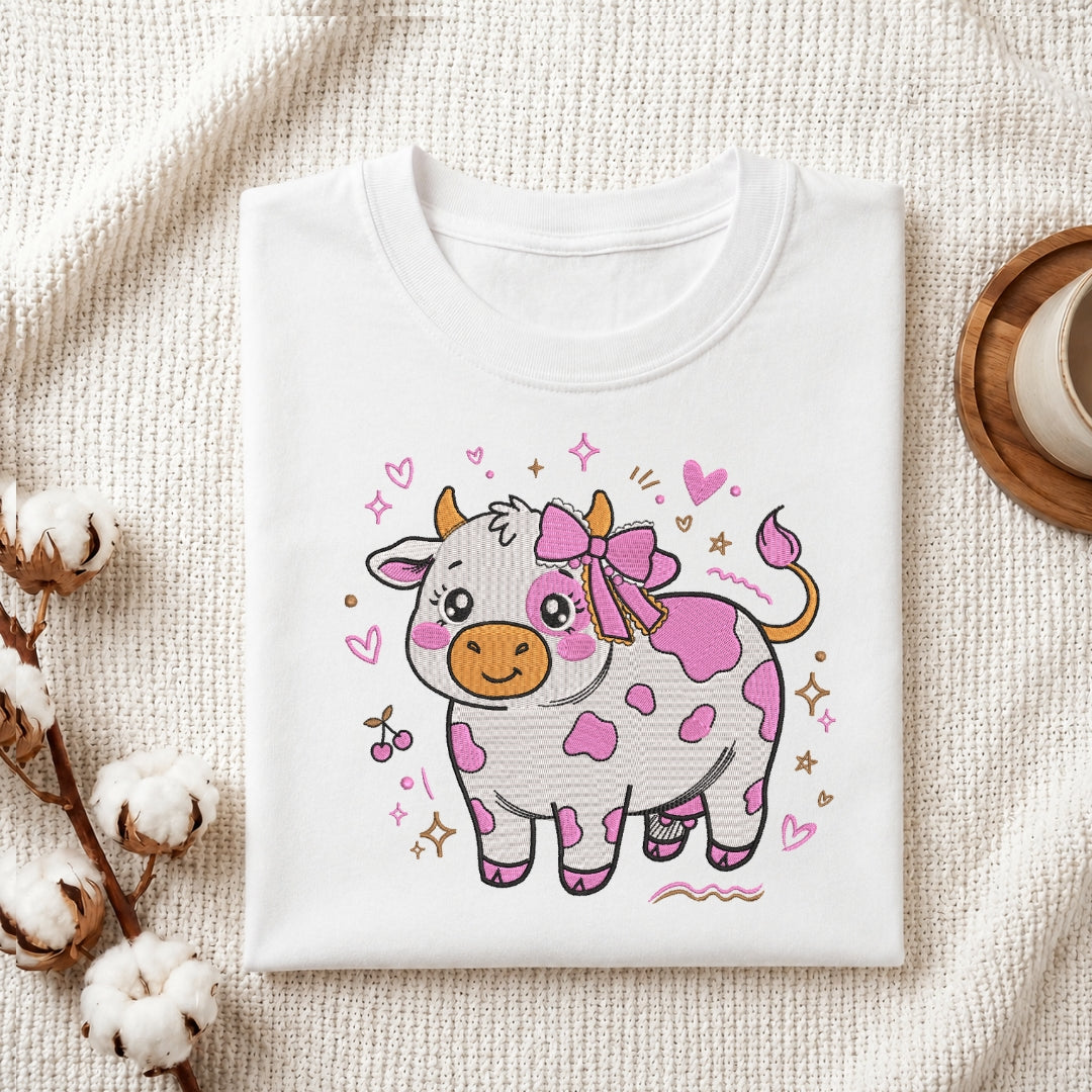 Adorable pink spotted cow embroidery stitched onto a folded white t-shirt