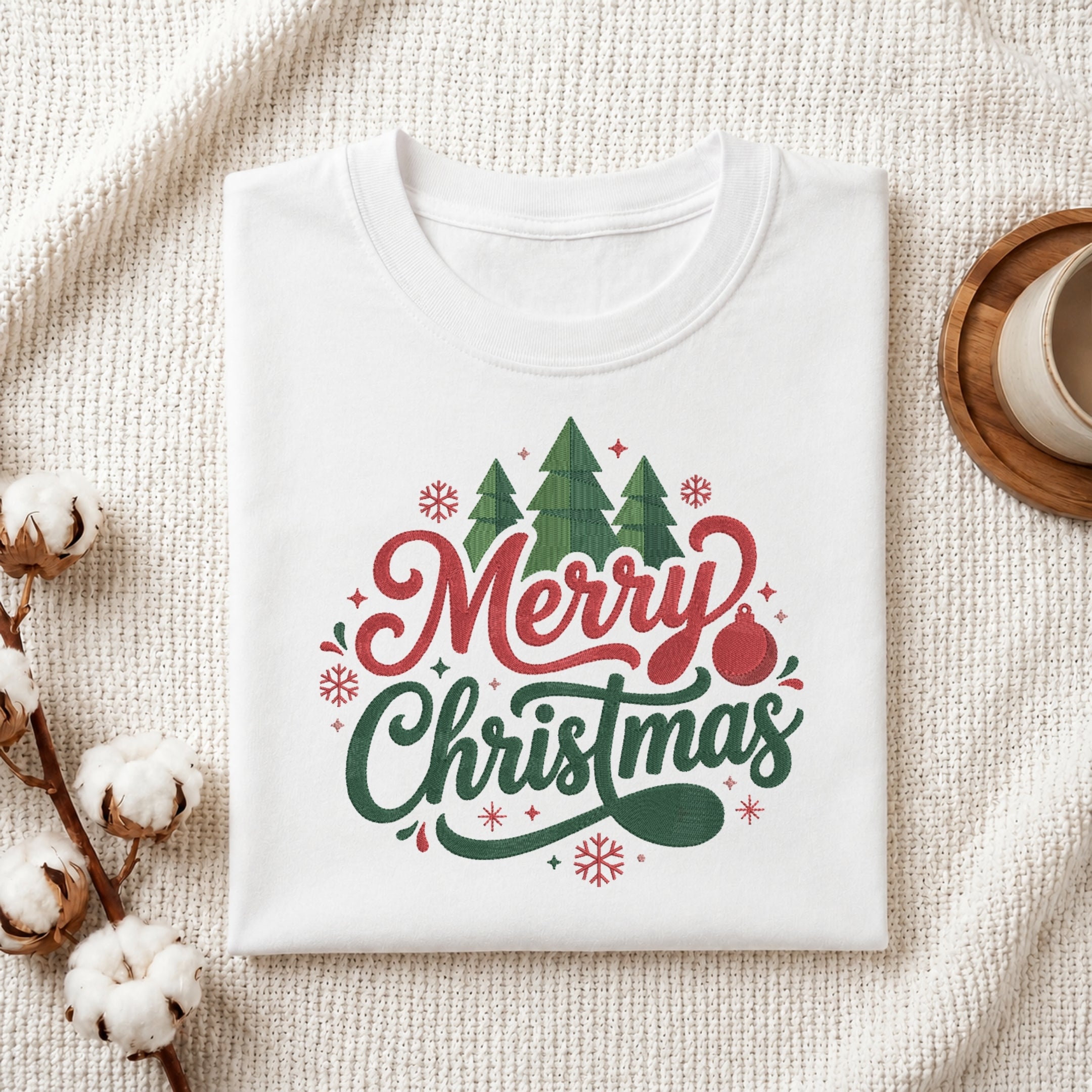 A folded white crewneck t-shirt with a 'Merry Christmas' graphic print, styled on a textured cream knit blanket with cotton bolls and a coffee cup in the background.