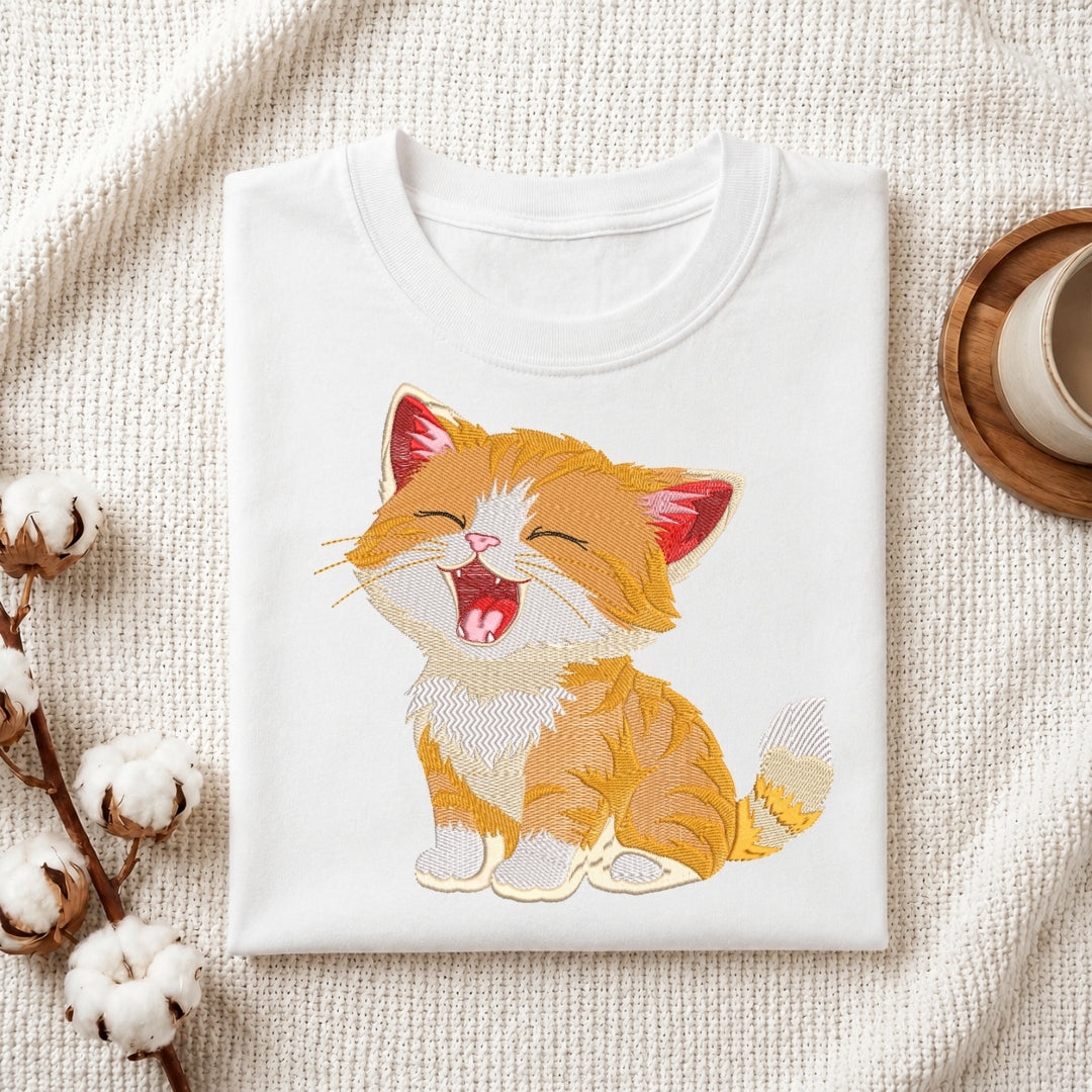 Yawning Orange Cat Embroidered T-Shirt Flat Lay, Custom Kitten Shirt Design, Machine Embroidery Apparel Mockup, Cute Pet Lover Clothing File