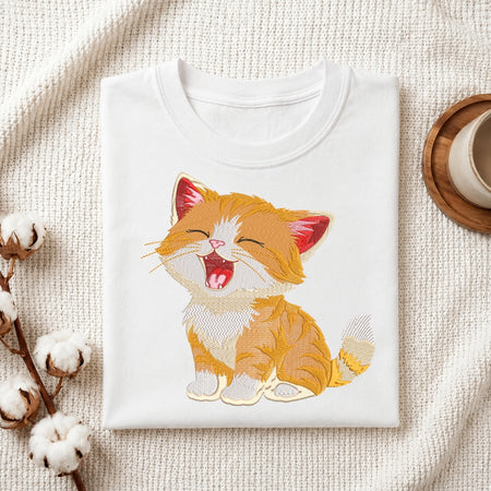 Yawning Orange Cat Embroidered T-Shirt Flat Lay, Custom Kitten Shirt Design, Machine Embroidery Apparel Mockup, Cute Pet Lover Clothing File