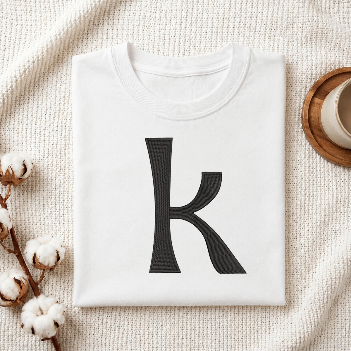 A folded white t-shirt with a large black textured letter 'k' printed on the front, styled on a beige woven blanket with cotton stems and a wooden cup in the background.