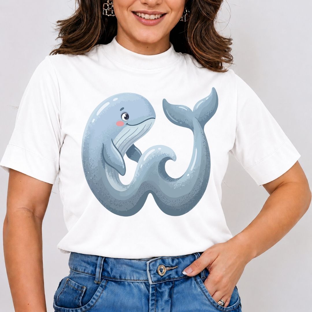 Front view mockup of a woman wearing a white t-shirt printed with a blue letter W shaped like a ocean wave and a cute blue whale.