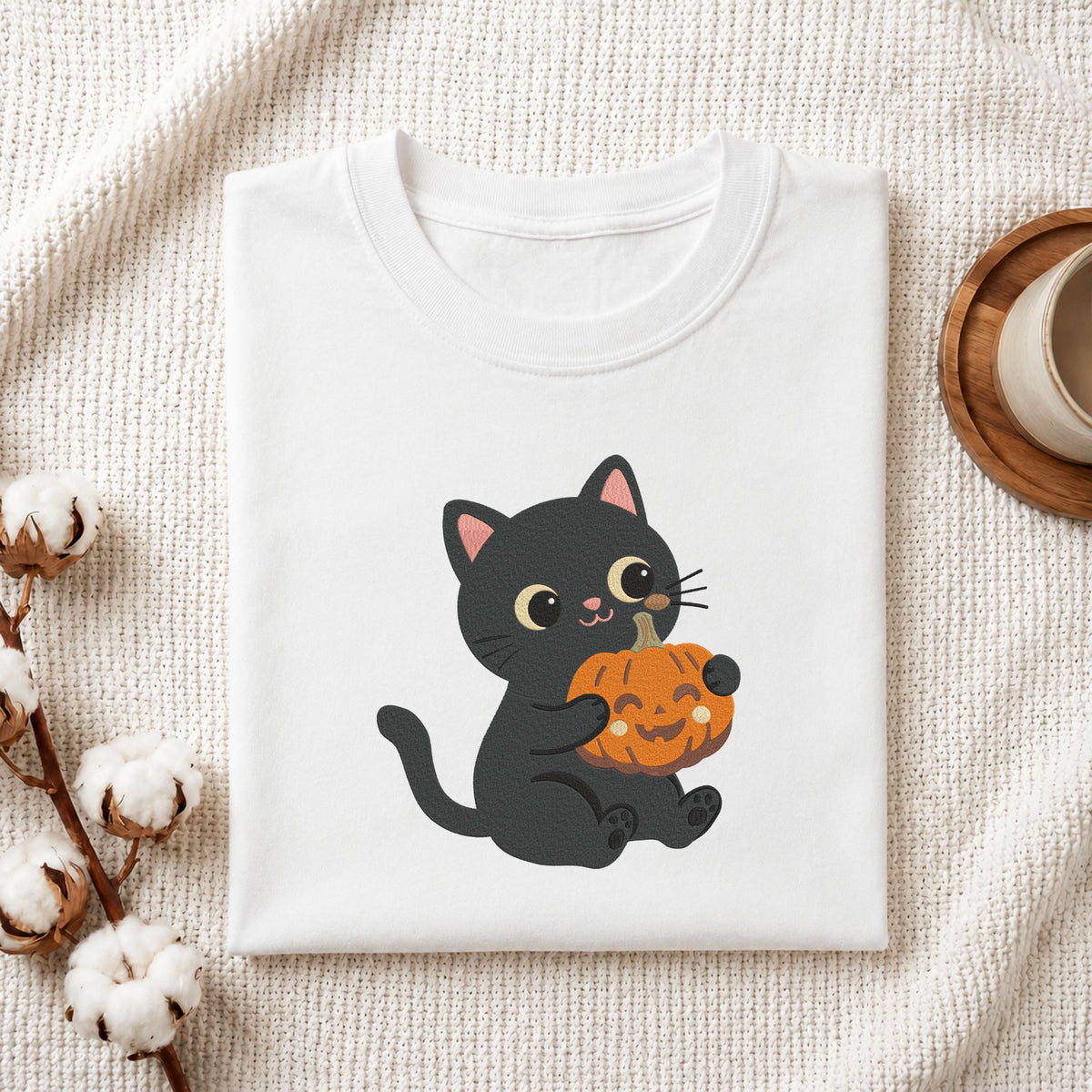 Folded white cotton t-shirt mockup featuring a cute black cat holding a mini jack-o-lantern pumpkin machine embroidery design, styled with cotton stems and a wooden cup   