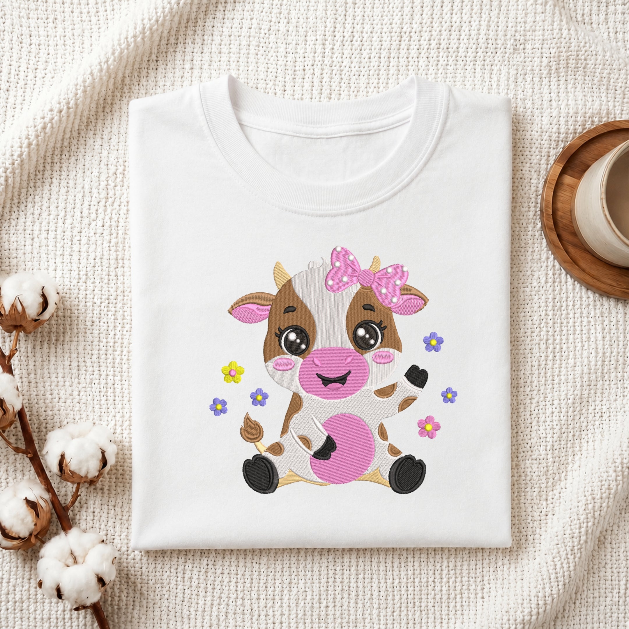 A neatly folded white crewneck t-shirt featuring a stitched cute baby cow with pink bow design, styled with cotton branches and a wooden coaster.