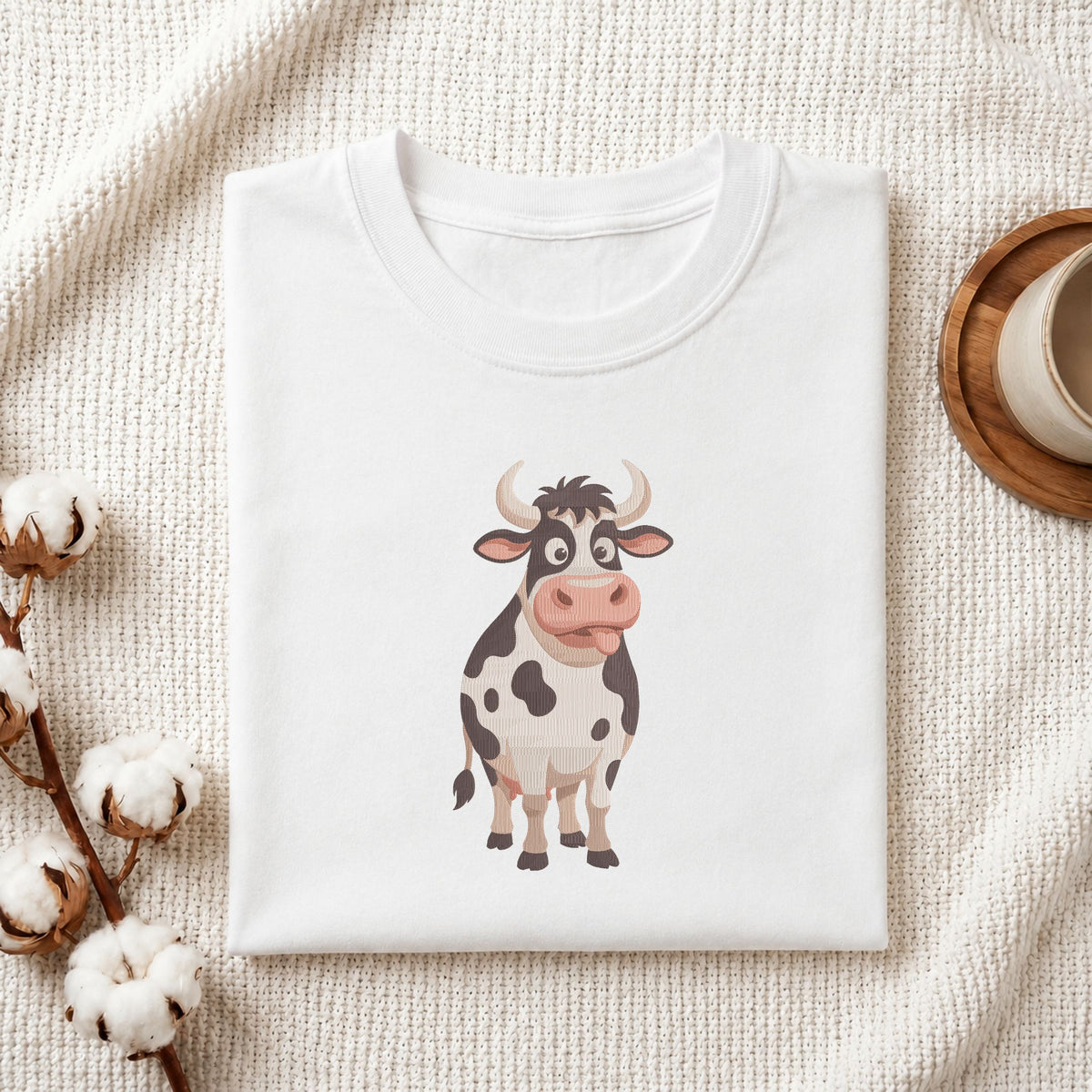 Folded white cotton t-shirt mockup featuring a funny cow machine embroidery design, styled with cotton stems and a wooden cup