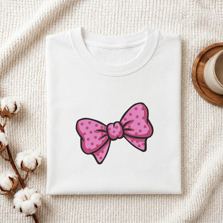 Folded white cotton t-shirt mockup featuring a pink polka dot bow machine embroidery design, styled with cotton stems and a wooden cup
