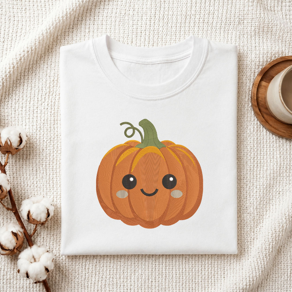 A folded white t-shirt with a cute cartoon pumpkin graphic, styled on a textured cream knit blanket with cotton bolls and a wooden cup in the background.