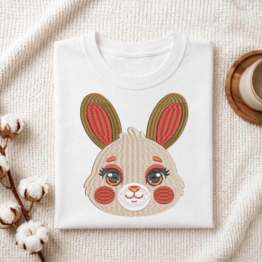 A folded white crewneck sweatshirt or t-shirt featuring a large embroidered bunny face graphic on the front, styled on a textured cream fabric with cotton stems and a wooden cup in the background.