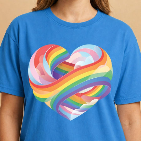Blue t-shirt with a colorful heart design on a beige background