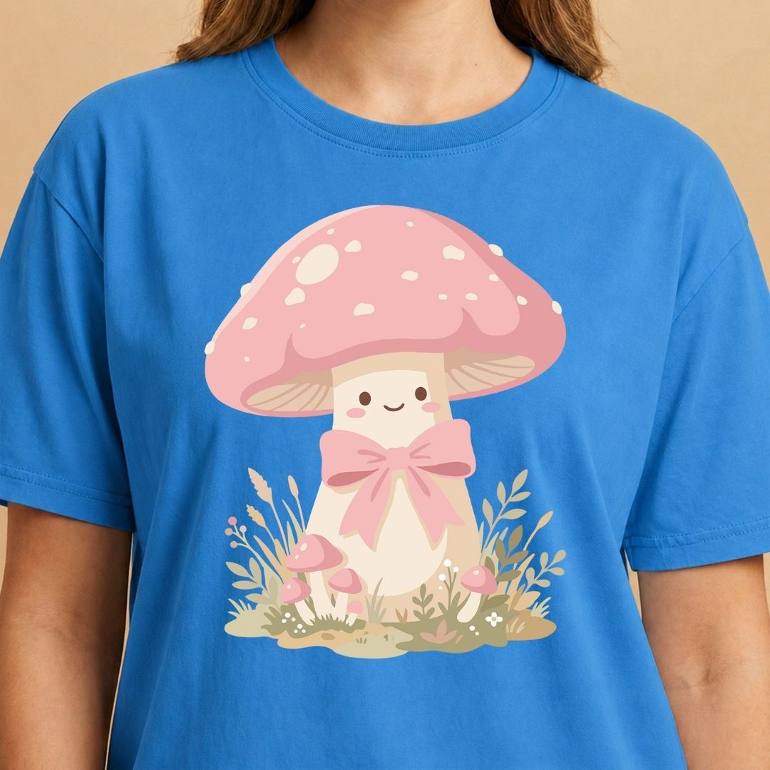 Blue t-shirt with a cartoon mushroom design on a beige background