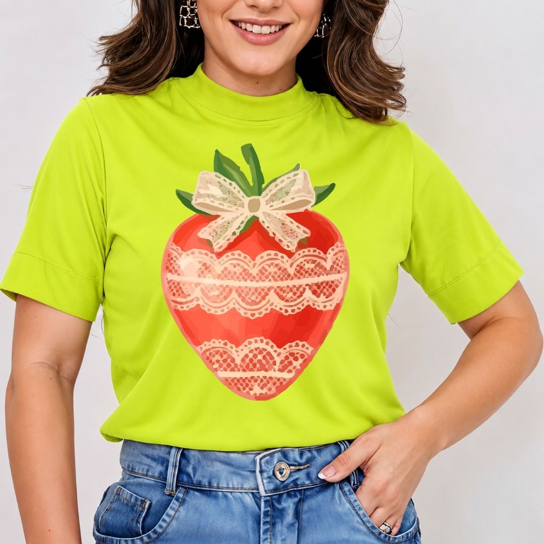 A woman wearing a bright lime green mock-neck t-shirt with a large red strawberry graphic on the front, decorated with a beige lace bow and patterned stripes. She is also wearing blue denim jeans.