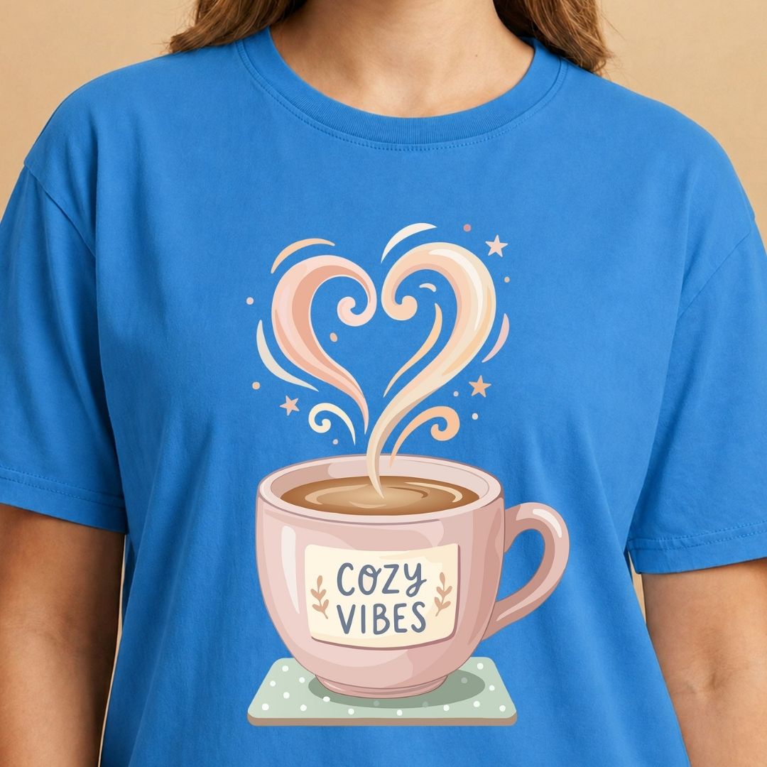 Blue t-shirt with a pink coffee cup graphic and 'Cozy Vibes' text on a beige background
