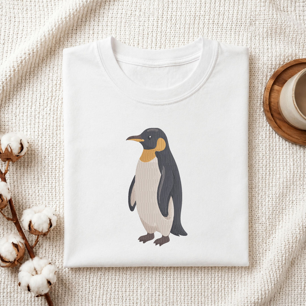 Folded white cotton t-shirt mockup featuring a cute penguin machine embroidery design, styled with cotton stems and a wooden cup