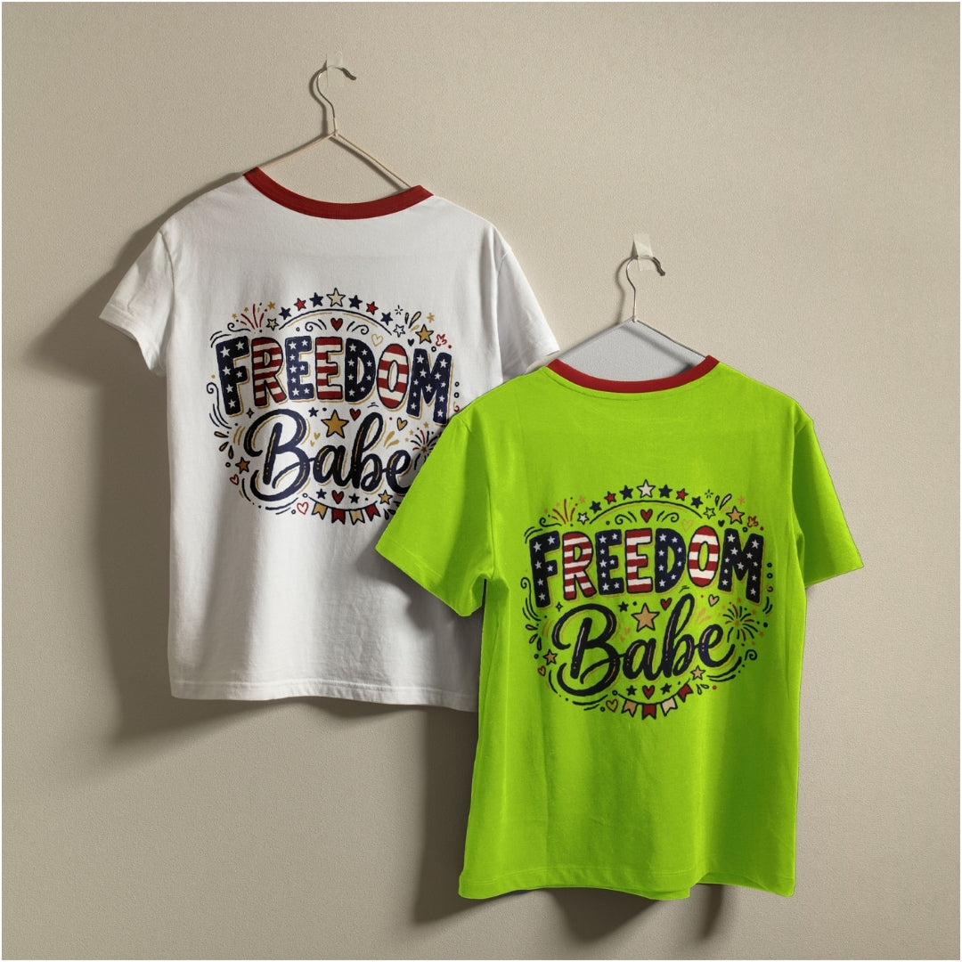 Two ringer-style graphic T-shirts hanging on hangers against a plain beige wall. One shirt is white with a red collar trim, and the other is bright neon green with a red collar trim.