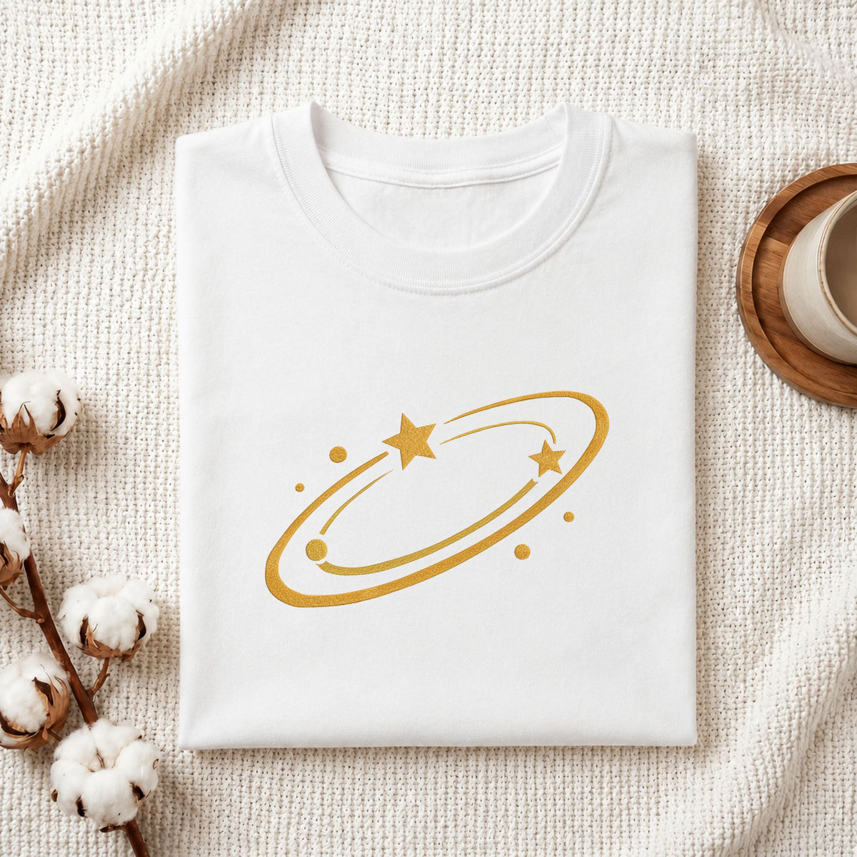 Folded white cotton t-shirt mockup featuring a golden swirling star machine embroidery design, styled with cotton stems and a wooden cup