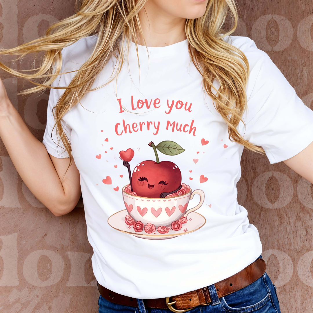 Person wearing a white t-shirt with a cherry-themed design and text.