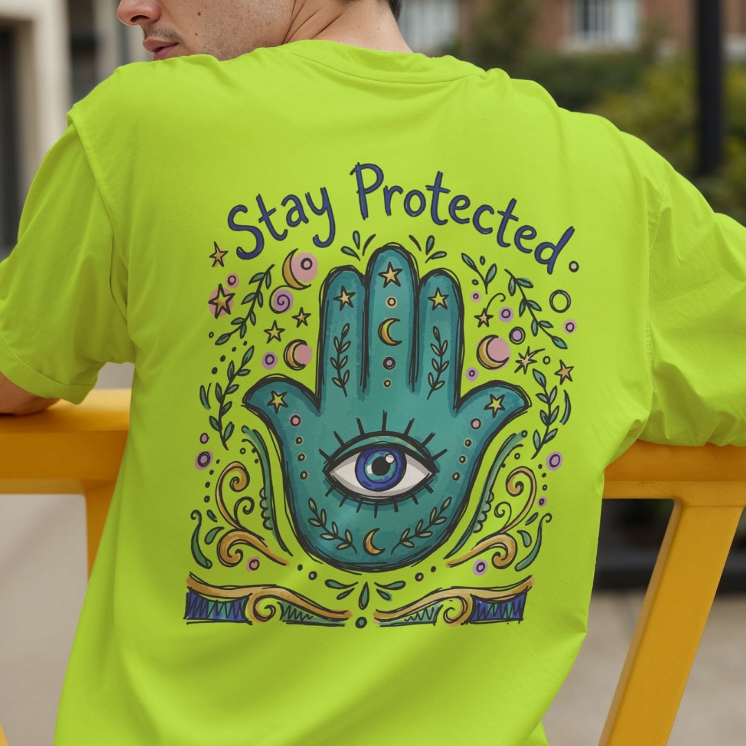 Back view of a person wearing a vibrant lime green t-shirt showcasing the detailed Hamsa hand design.