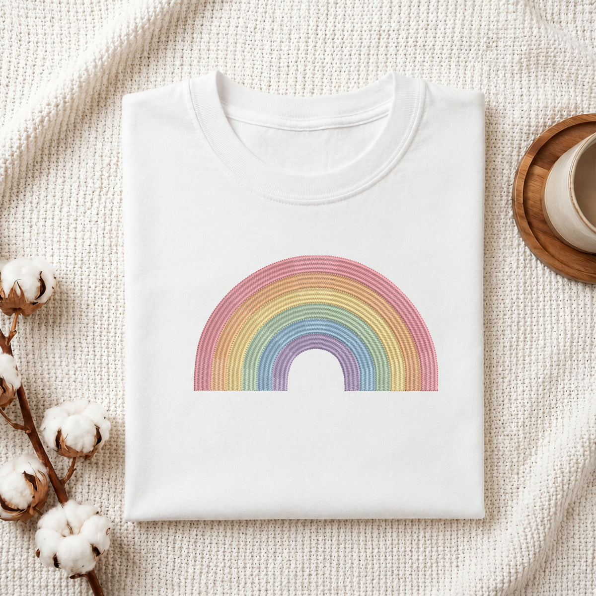 A folded white crewneck t-shirt with a colorful rainbow graphic printed on the chest, styled on a textured cream fabric background with cotton bolls and a wooden cup.