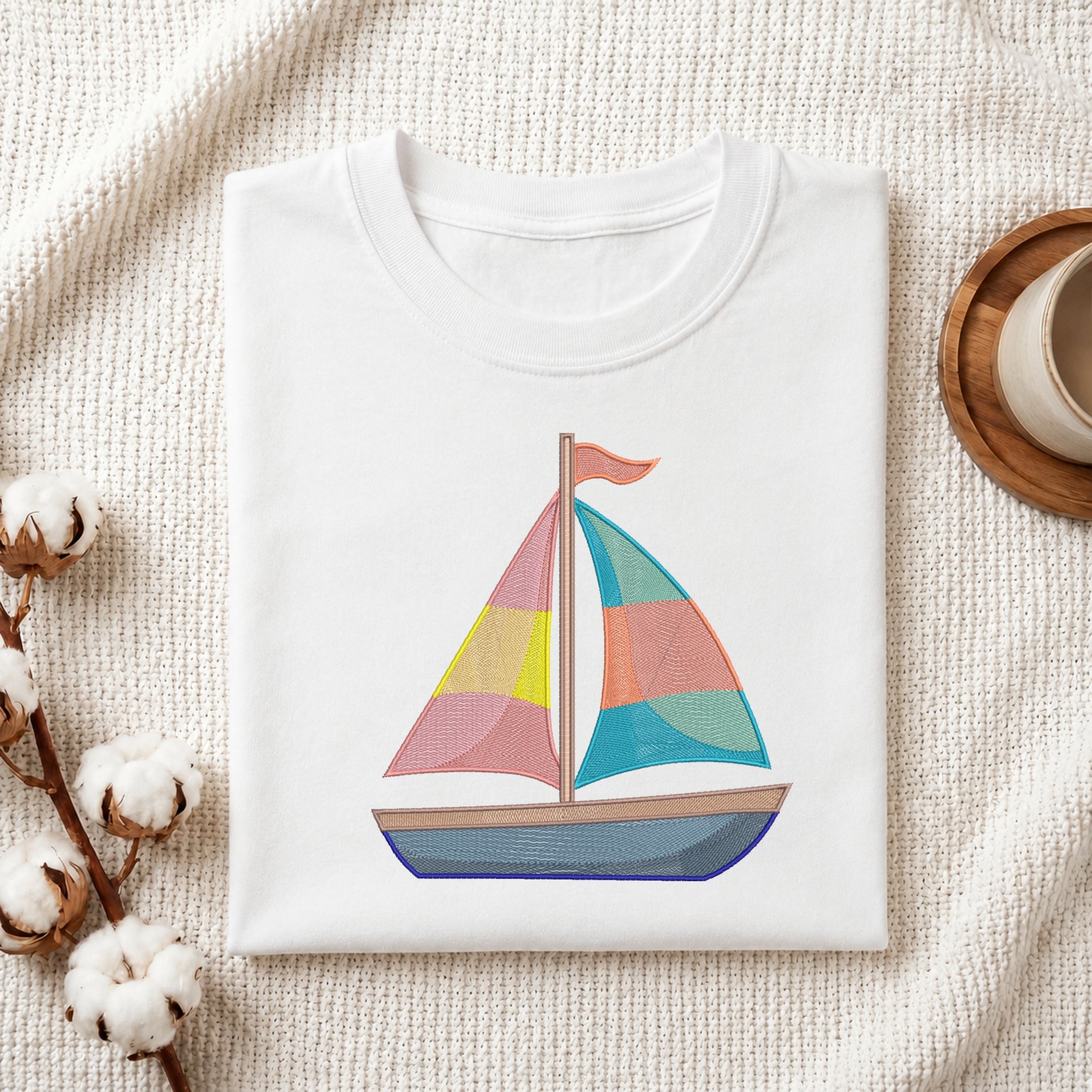 A folded white crewneck t-shirt featuring a colorful sailboat graphic on the front, styled on a textured cream fabric background with cotton bolls and a wooden cup.