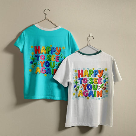 Two children's short-sleeve T-shirts hanging on hangers against a plain beige wall. The left shirt is turquoise blue with a colorful retro-style graphic reading 'HAPPY TO SEE YOU AGAIN' on the back.