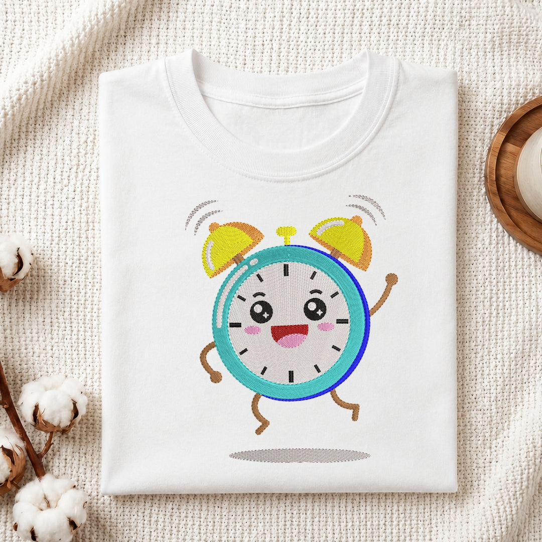 White t-shirt with a cartoon clock design on a textured surface