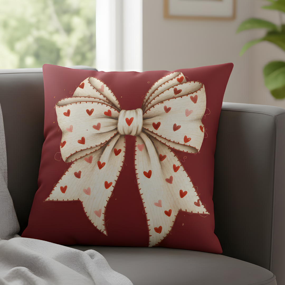 Red pillow with a decorative bow design featuring small hearts on a couch.