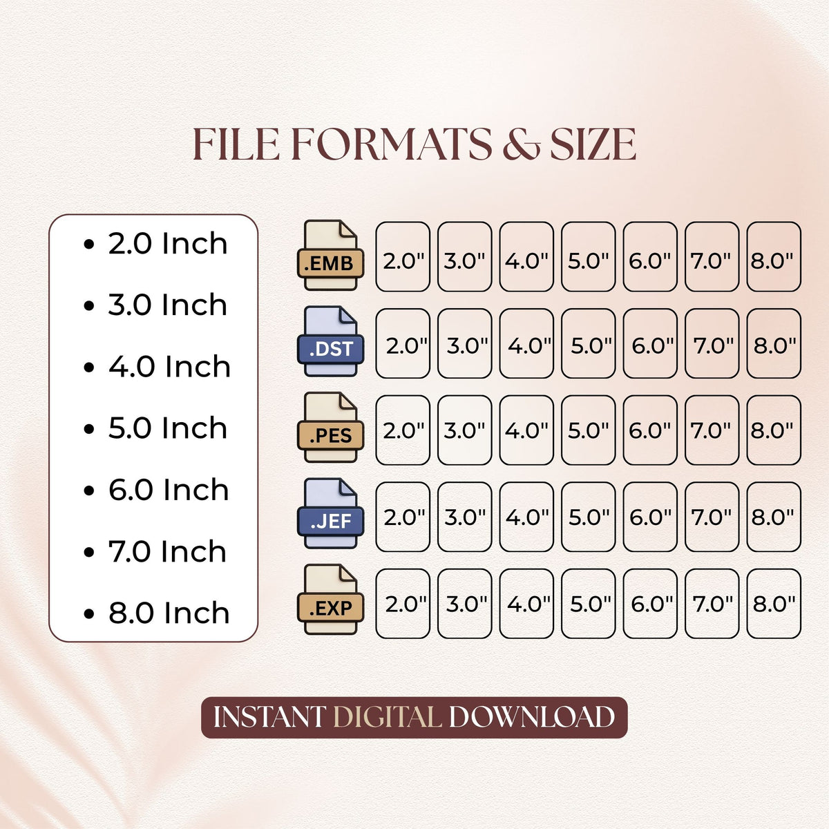 A size and file format chart for a digital download, showing dimensions from 2.0 inch to 8.