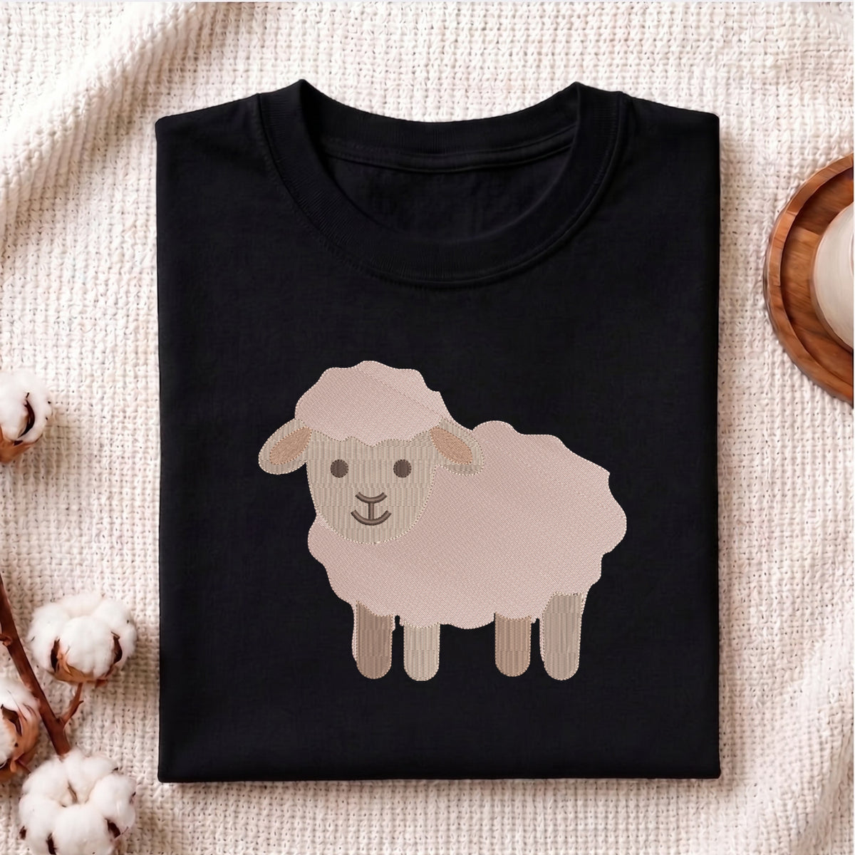 A folded black crewneck t-shirt featuring a cartoon sheep graphic on the front, styled on a textured cream fabric with cotton bolls and a wooden coaster.