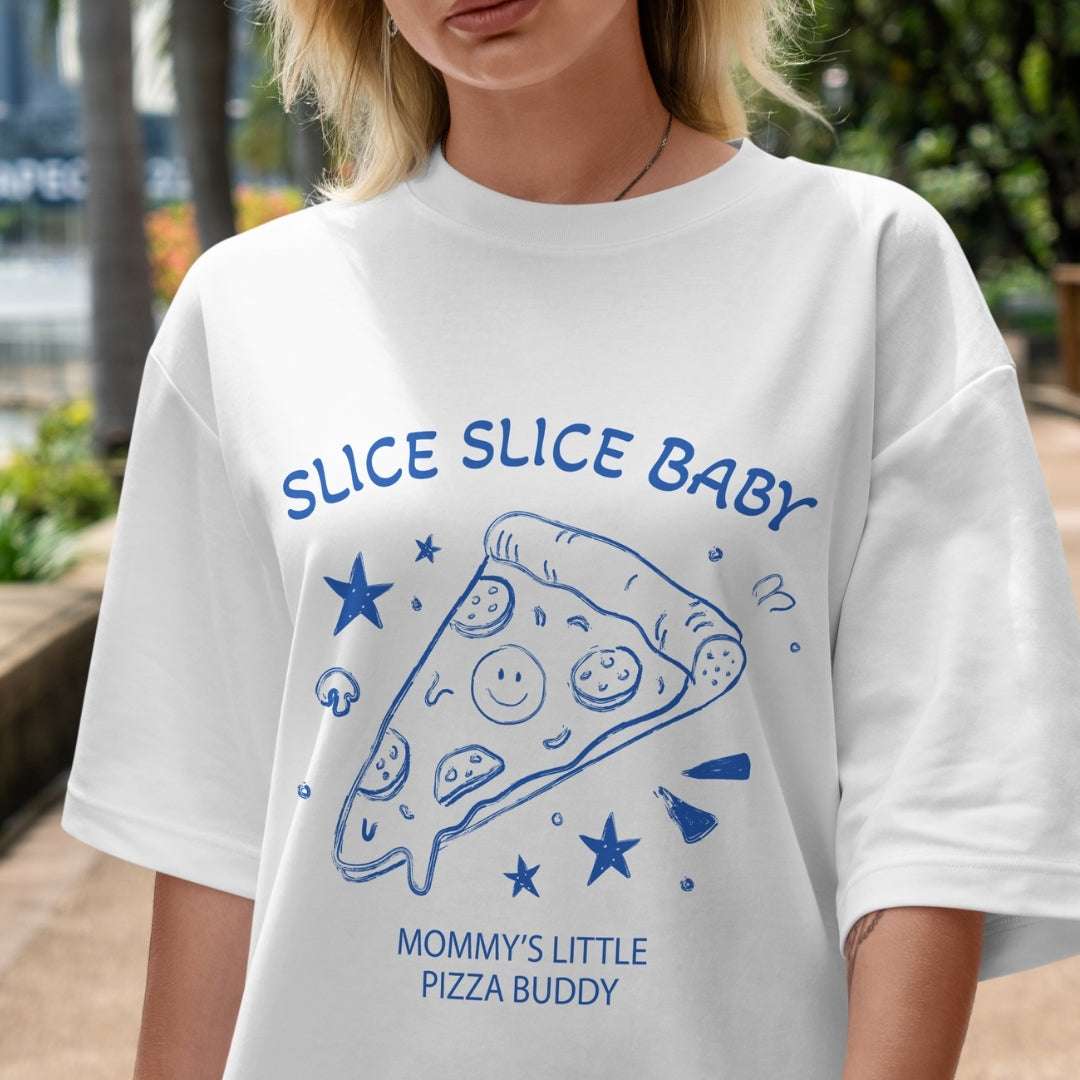 Person wearing a white t-shirt with blue pizza graphic and text.