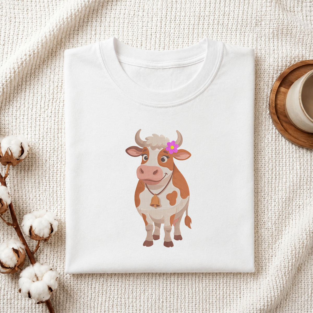 Folded white cotton t-shirt mockup featuring a cute cow with flower machine embroidery design, styled with cotton stems and a wooden cup
