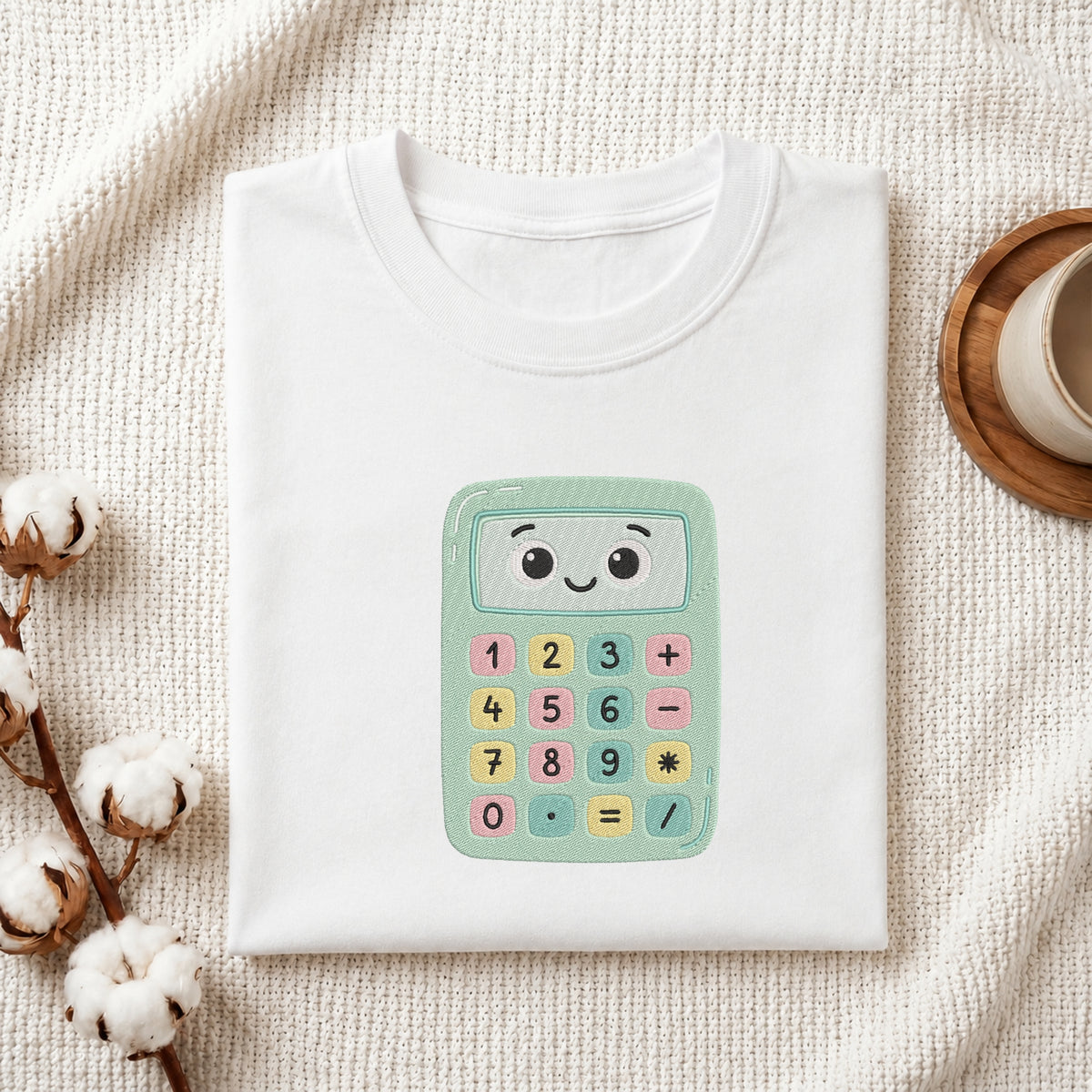 A folded white t-shirt with a cute, colorful cartoon calculator graphic on the front, styled in a flat-lay arrangement on a textured cream fabric with cotton bolls and a wooden cup.