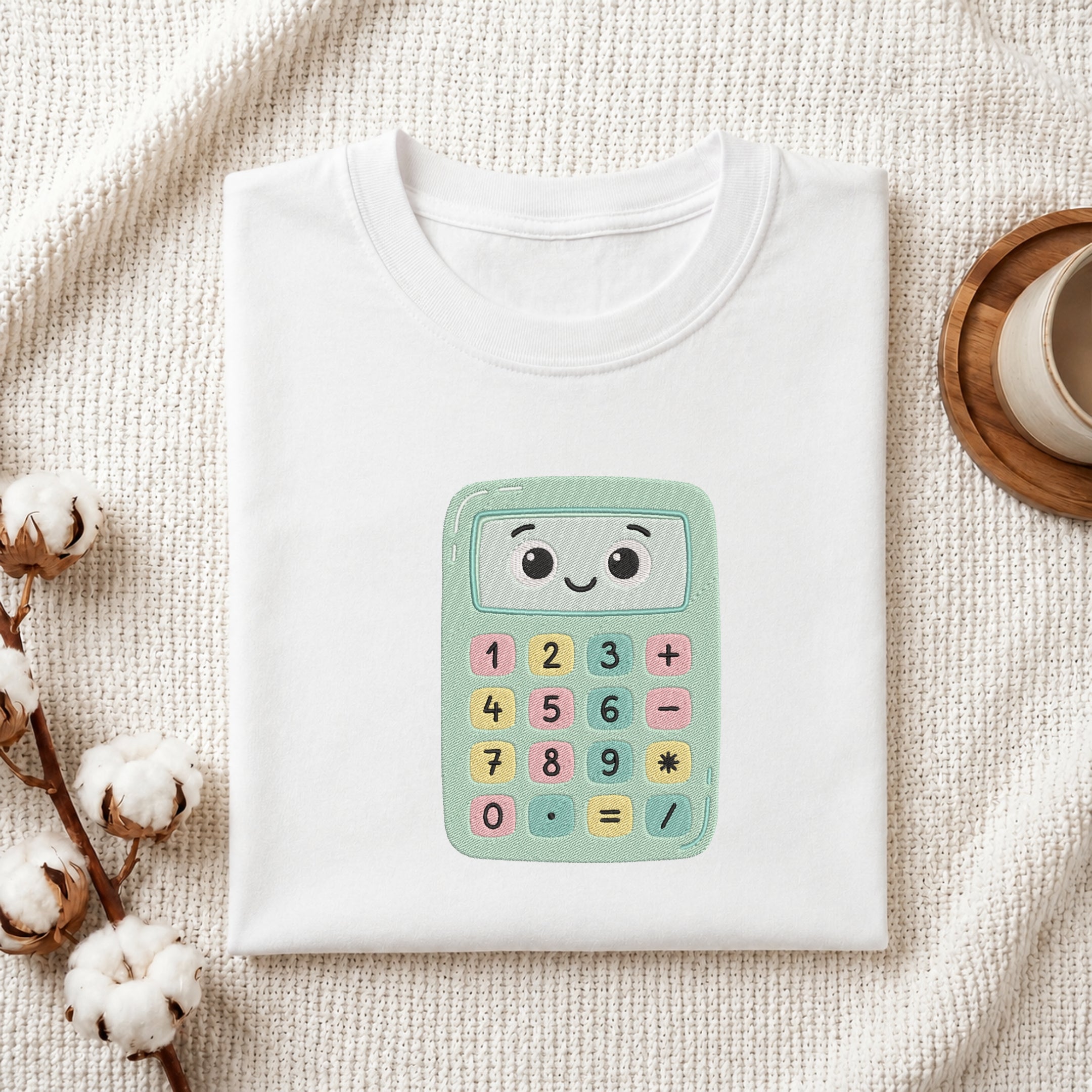 A folded white t-shirt with a cute, colorful cartoon calculator graphic on the front, styled in a flat-lay arrangement on a textured cream fabric with cotton bolls and a wooden cup.